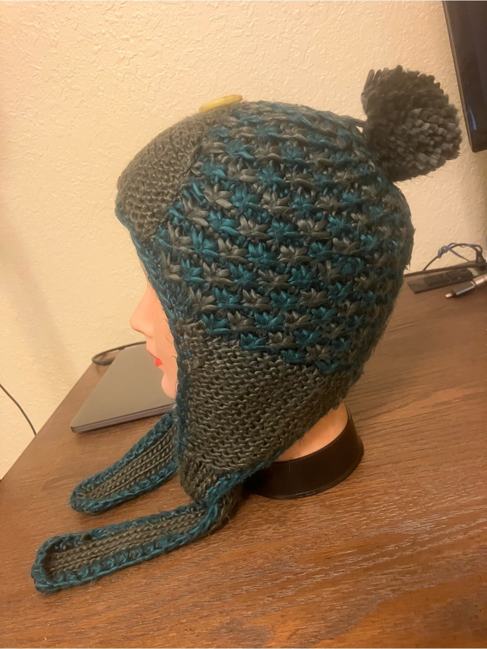 pistil Kids Earflap Pom Beanie in Teal and Dark Gray